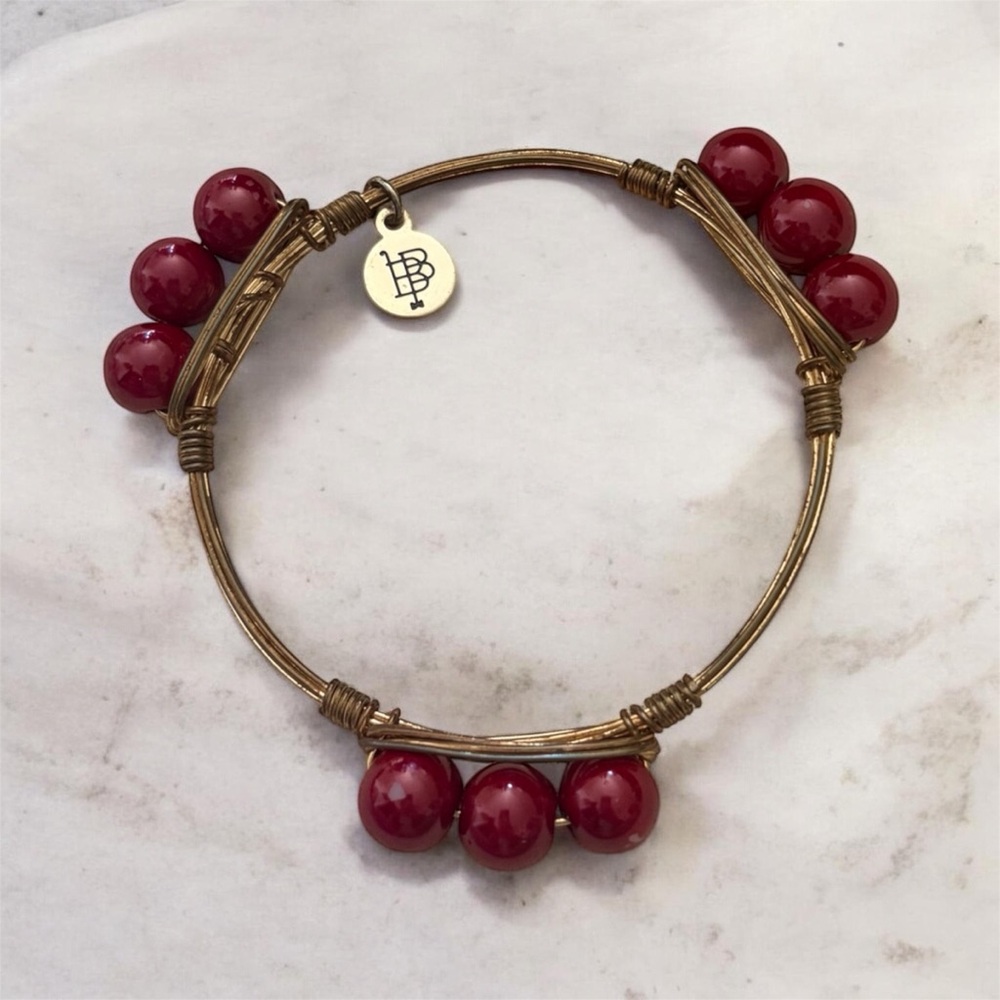 Bourbon and Bowties Garnet Bead Brass Wire Bangle Bracelet